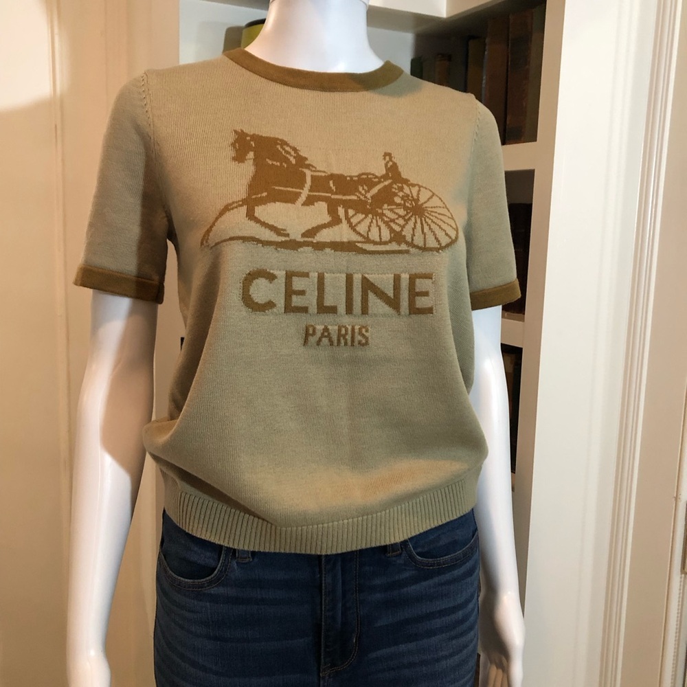 Celine Tan and Brown Short Sleeve Sweater